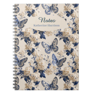 Blauer und weißer Schmetterling und Blumenmuster Notizblock