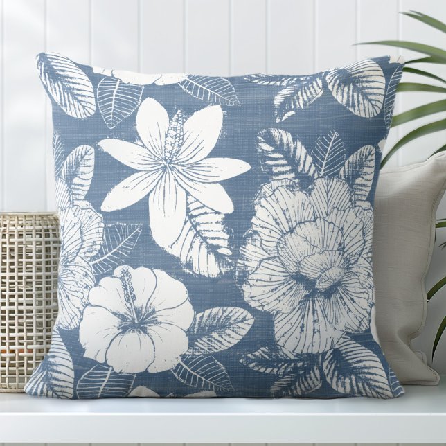 Blauer und weißer tropischer Blume Kissen Kissen (Von Creator hochgeladen)