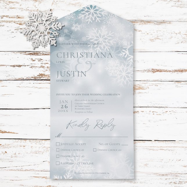 Blauer und weißer Winterschnee Modernes Drei-Dinne All In One Einladung (Blue & White Winter Snow Modern Three Dinner All In One Invitation)