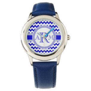 Blauer und weißer Zickzack-Zickzack Monogramm Armbanduhr