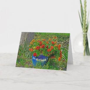 BLAUER VASE MIT BUNTEM ZINNIAS/GET WELL/CUSTOMIZA KARTE