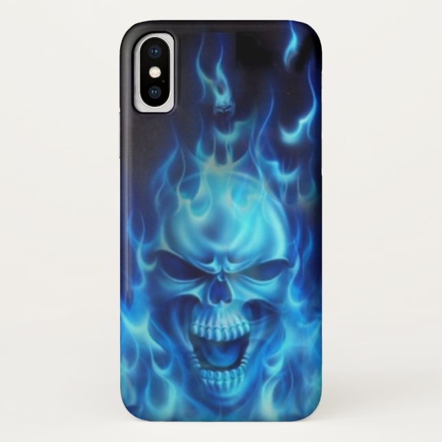 Blauer verärgerter Schädel-Kopf mit Flammen Case-Mate iPhone Hülle (Rückseite)