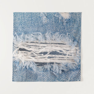 Blauer verblasste Jeans, Texturen gerissene Jeans Wandteppich
