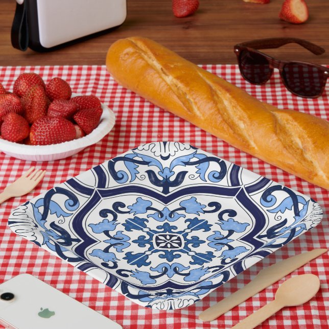  Blauer Verzierter Blütenschwarm Sizilianischer Ti Pappteller (Picknick)