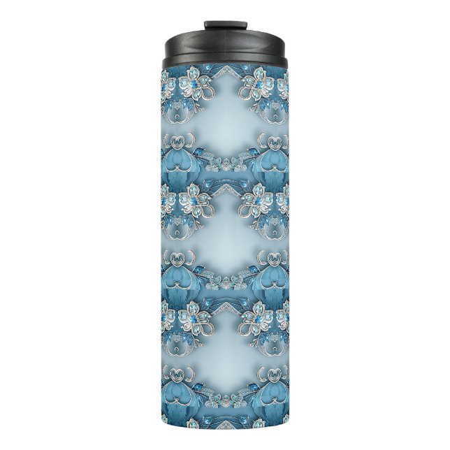 Blauer Verzierter floraler Thermaltumbler Thermosbecher (Vorderseite)