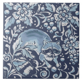 Blauer Verzierter Raccoon-Wald Fliese