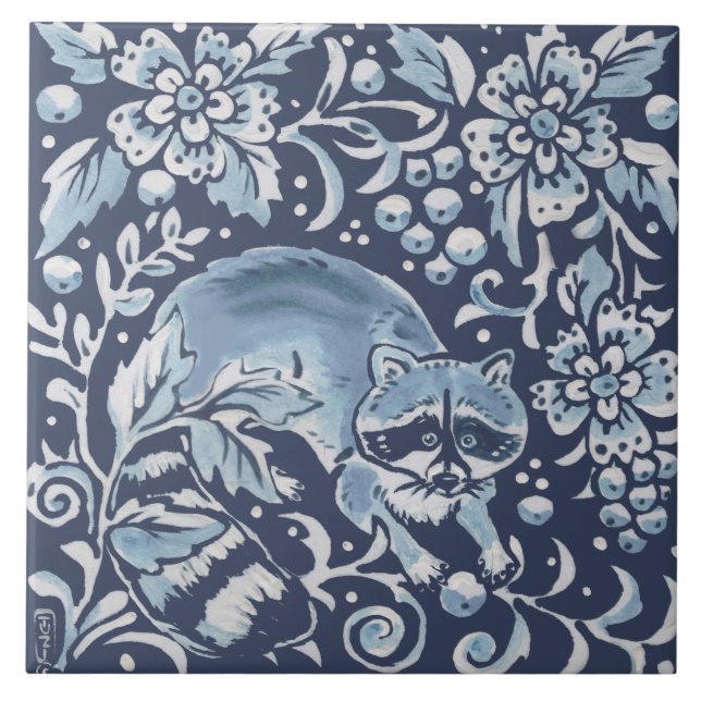 Blauer Verzierter Raccoon-Wald Fliese (Vorderseite)