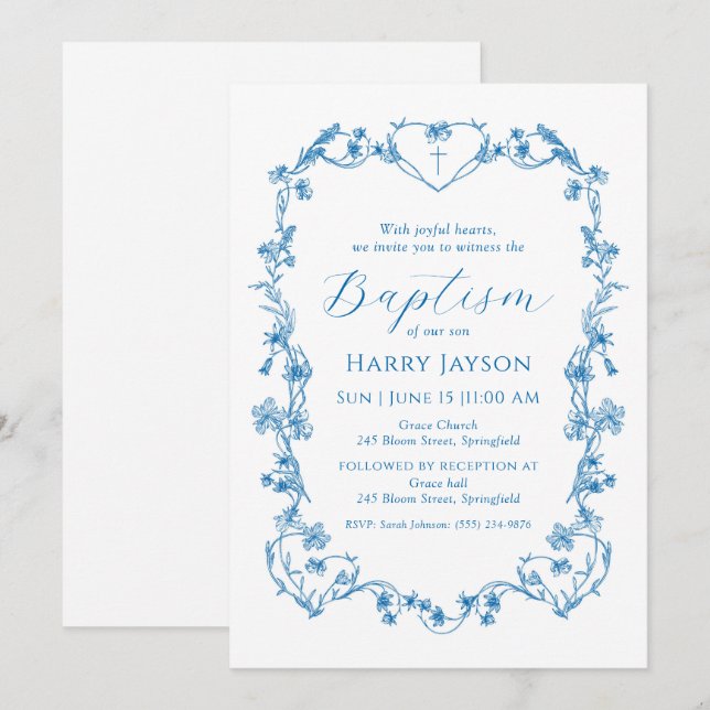 Blauer Vintag Blauer Blauer Rahmen Taufe Einladung (Vorne/Hinten)