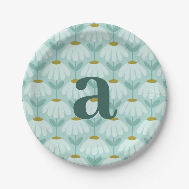 Blauer Vintage-Blumenmuster-Monogramm-Buchstabe Pappteller (Vorderseite)