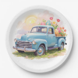 Blauer Vintage-LKW mit Ostereiern und Tulpen Pappteller