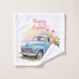 Blauer Vintage-LKW mit Ostereiern und Tulpen Waschlappen