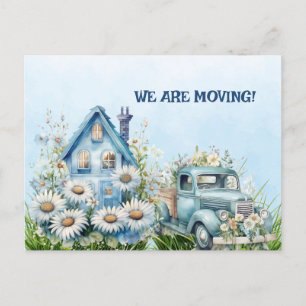 Blauer Vintage-LKW und Haus Wir ziehen um Postkarte