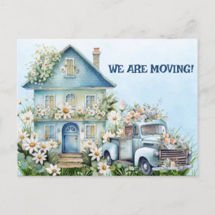 Blauer Vintage-LKW und Haus Wir ziehen um Postkarte