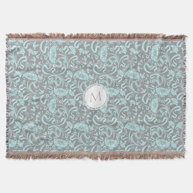 Blauer Vintager Blumenmuster Monogramm-Blanket Decke (Vorderseite)