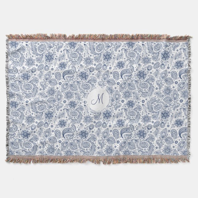 Blauer Vintager Blumenmuster Monogramm T Blanken Decke (Vorderseite)
