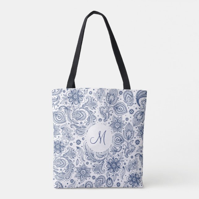 Blauer Vintager Blumenmuster Monogramm Totbeutel Tasche (Rückseite)