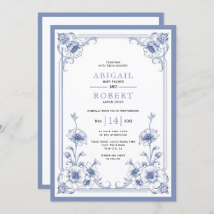 Blauer Vintager Blumenrahmen QR Code Hochzeit Einladung