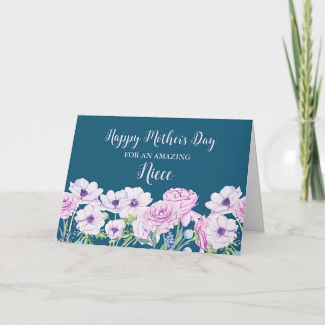 Blauer violette Blumen Niece Happy Mother's Day Karte (Vorderseite)