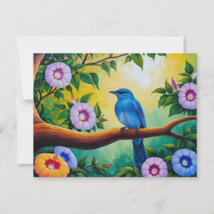 Blauer Vogel auf einem Ast, Morgen-Glorien-Blumen Postkarte