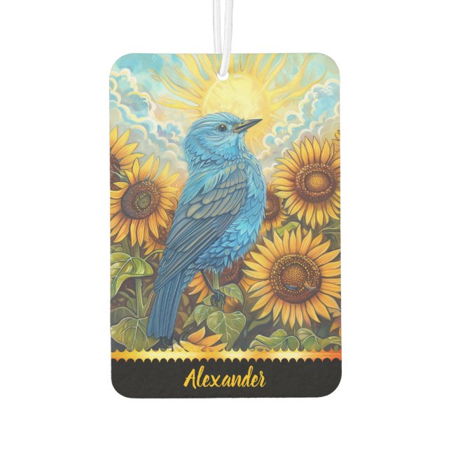 Blauer Vogel bei Sonnenaufgang auf Sonnenblumen Autolufterfrischer (Rückseite)