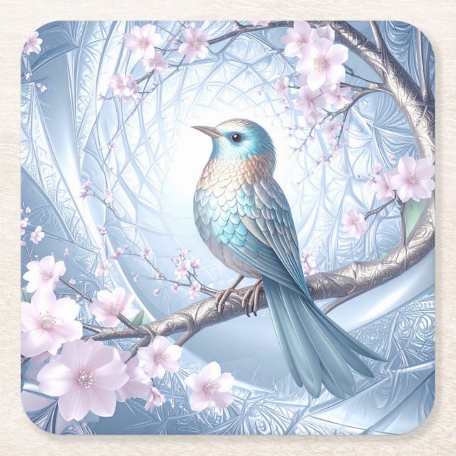 Blauer Vogel Blumen-Papiersetzer Rechteckiger Pappuntersetzer (Vorderseite)