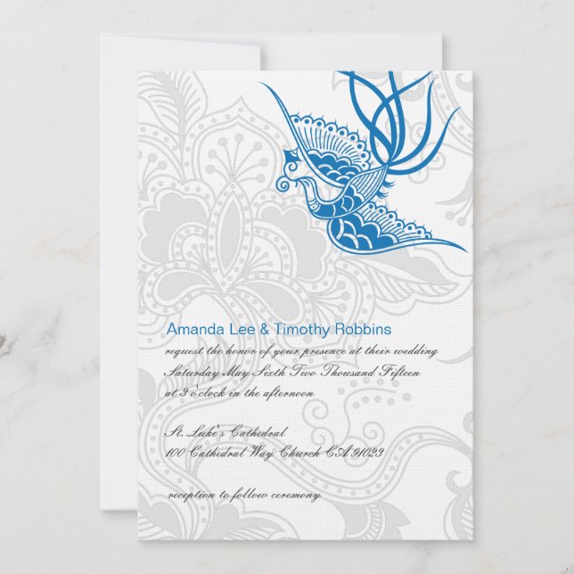 Blauer Vogel & Blumenzwiebeln Einladung (Vorderseite)