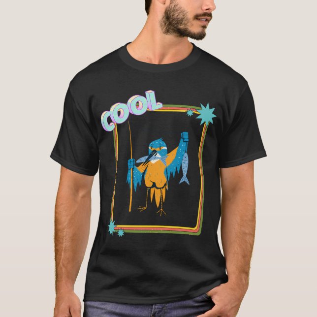 Blauer Vogel fängt Fische. T-Shirt (Vorderseite)