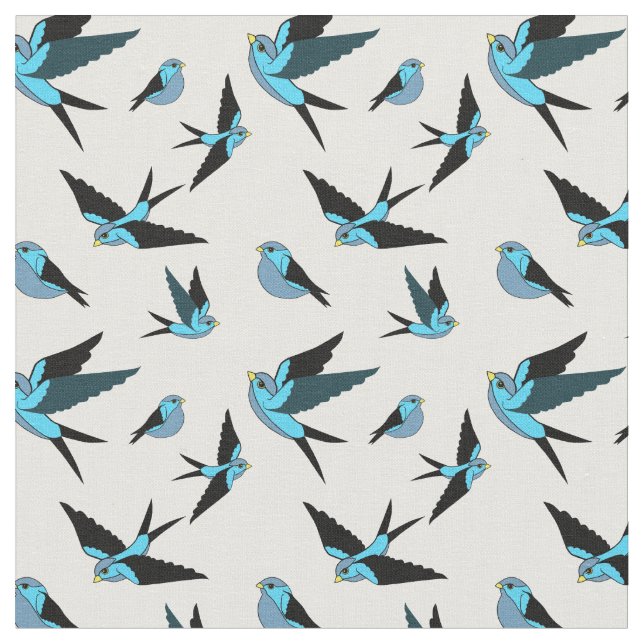 Blauer Vogel fliegen, sitzen, Folkloredruck Stoff (Nahaufnahme)