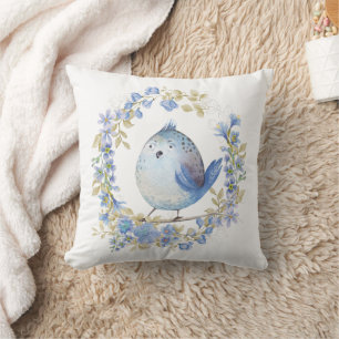 Blauer Vogel im Blumenkranz Kissen