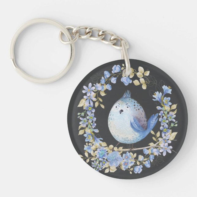 Blauer Vogel im Blumenkranz Schlüsselanhänger (Vorderseite)
