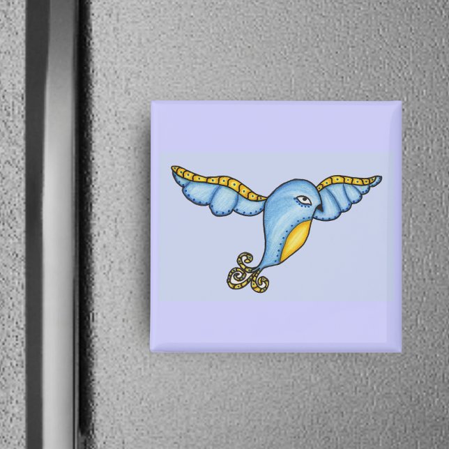 Blauer Vogel im Flug-Magnet Magnet (Flying fantasy bluebird with yellow scrolled tail on blue square magnet.)