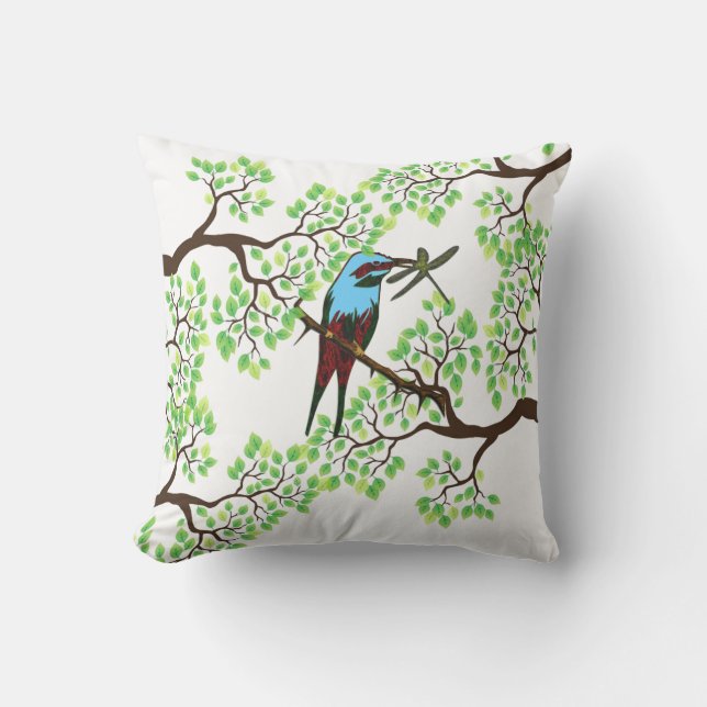 Blauer Vogel in Bäumen Kissen (Vorderseite)