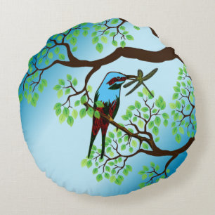 Blauer Vogel in Bäumen Rundes Kissen