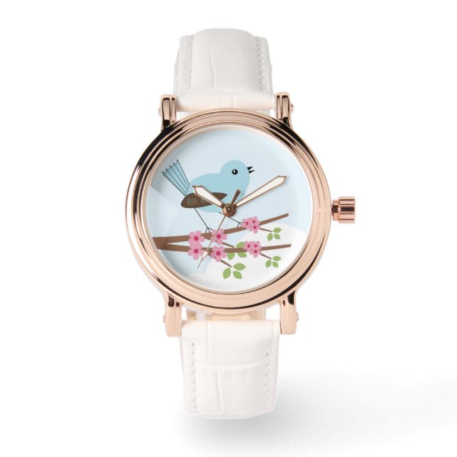 Blauer Vogel in Blossom Tree Niedlich Armbanduhr (Vorderseite)