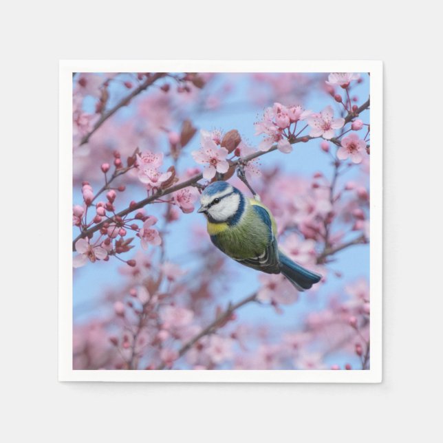 Blauer Vogel in rosafarbenen, japanischen Kirschbl Serviette (Vorderseite)