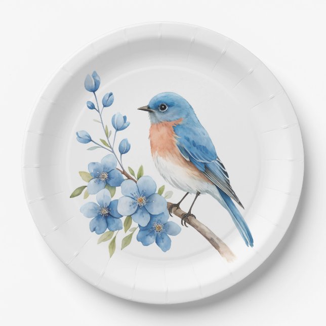 Blauer Vogel mit blauen Blumen Pappteller (Vorderseite)