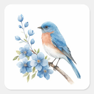 Blauer Vogel mit blauen Blumen Quadratischer Aufkleber