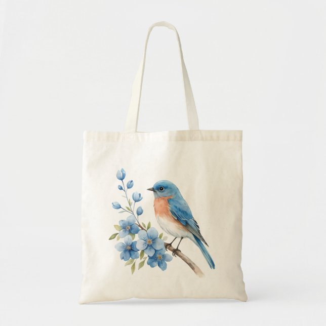 Blauer Vogel mit blauen Blumen Tragetasche (Vorne)