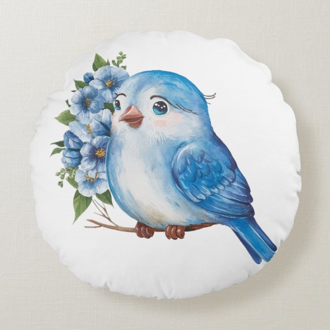 Blauer Vogel mit Blume Rundes Kissen (Vorderseite)