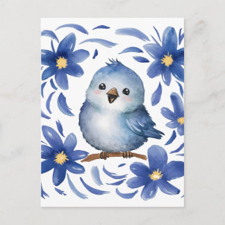 Blauer Vogel mit Blumen Postkarte