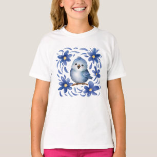 Blauer Vogel mit Blumen T-Shirt