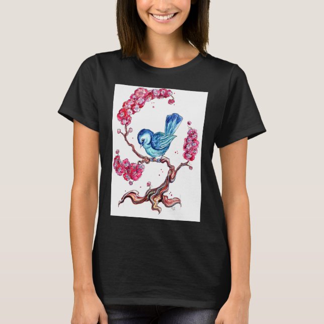 Blauer Vogel mit Kirschblüten T-Shirt (Vorderseite)