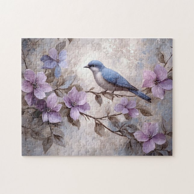 Blauer Vogel mit violetten Blumen (Horizontal)