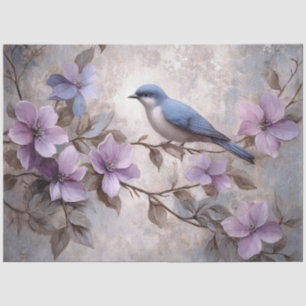 Blauer Vogel mit violetten Blumen Decoupage Seidenpapier
