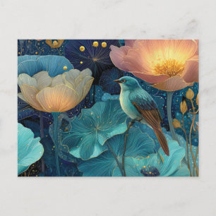 Blauer Vogel sitzt zwischen leuchtenden Blumen Postkarte