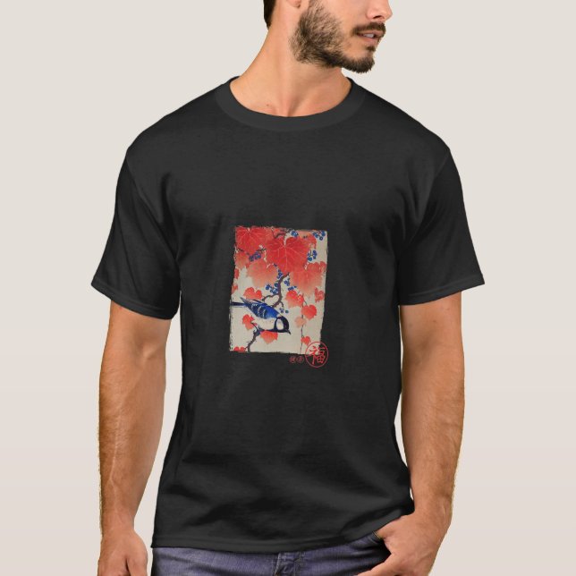 Blauer Vogel Traditionelles japanisches Kunstgesch T-Shirt (Vorderseite)