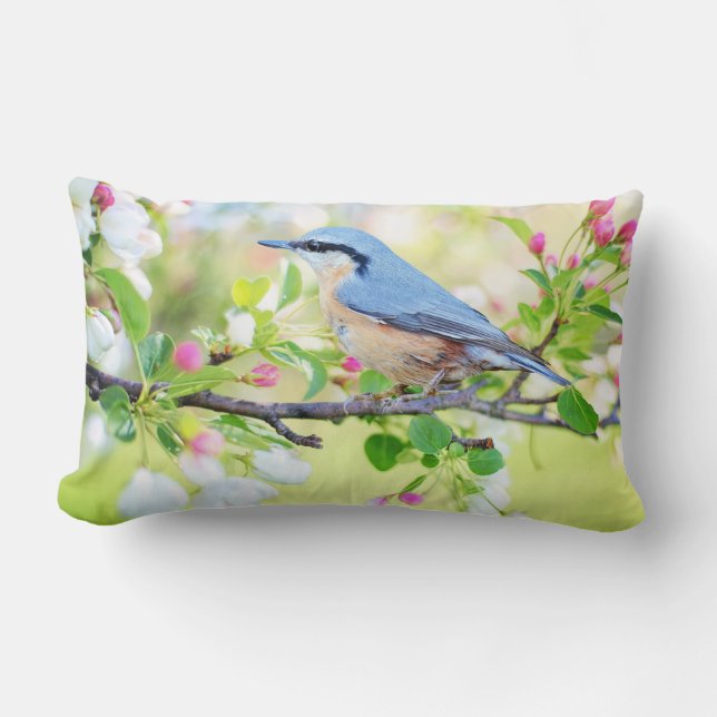 Blauer Vogel und Apple-Blüten Lendenkissen (Vorderseite)