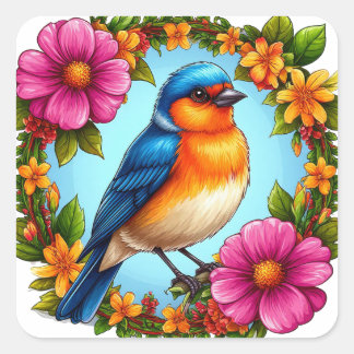Blauer Vogel und Blumen für Naturliebhaber Quadratischer Aufkleber