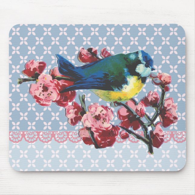 Blauer Vogel und Kirschblüte Mousepad (Vorne)