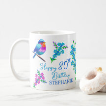 Blauer Vogel Vergiss mich nicht floral 80. Geburts